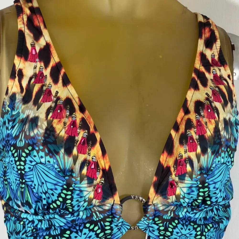 Venus Jungle Party One-Piece Swimsuit V-Neck Gold Ring Animal Print Womens 12